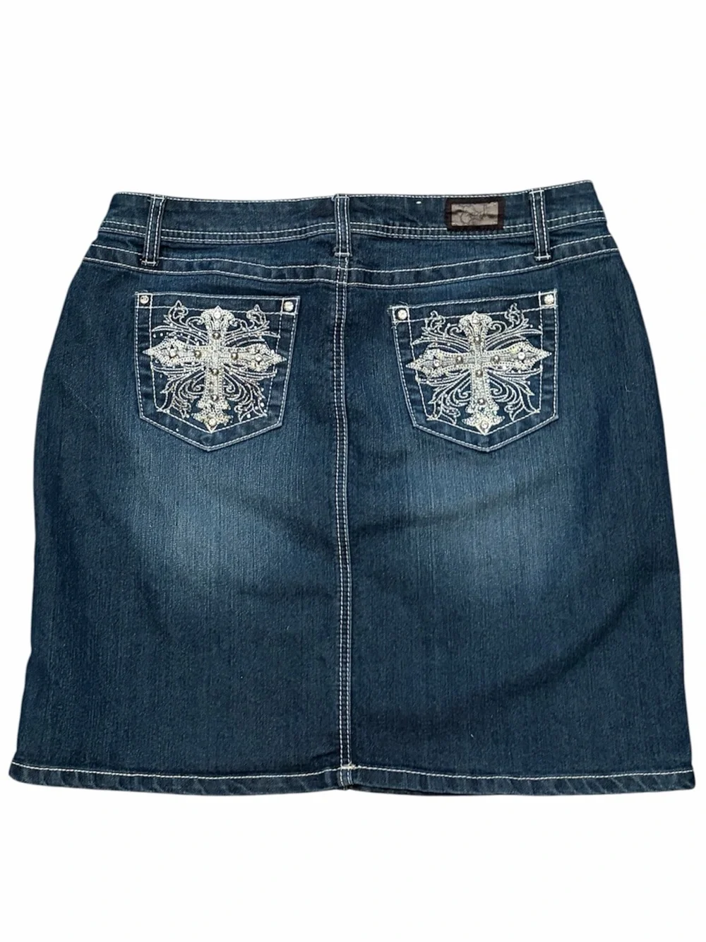 Earl Jean Denim Skirt Rhinestone Cross Pocket Detail